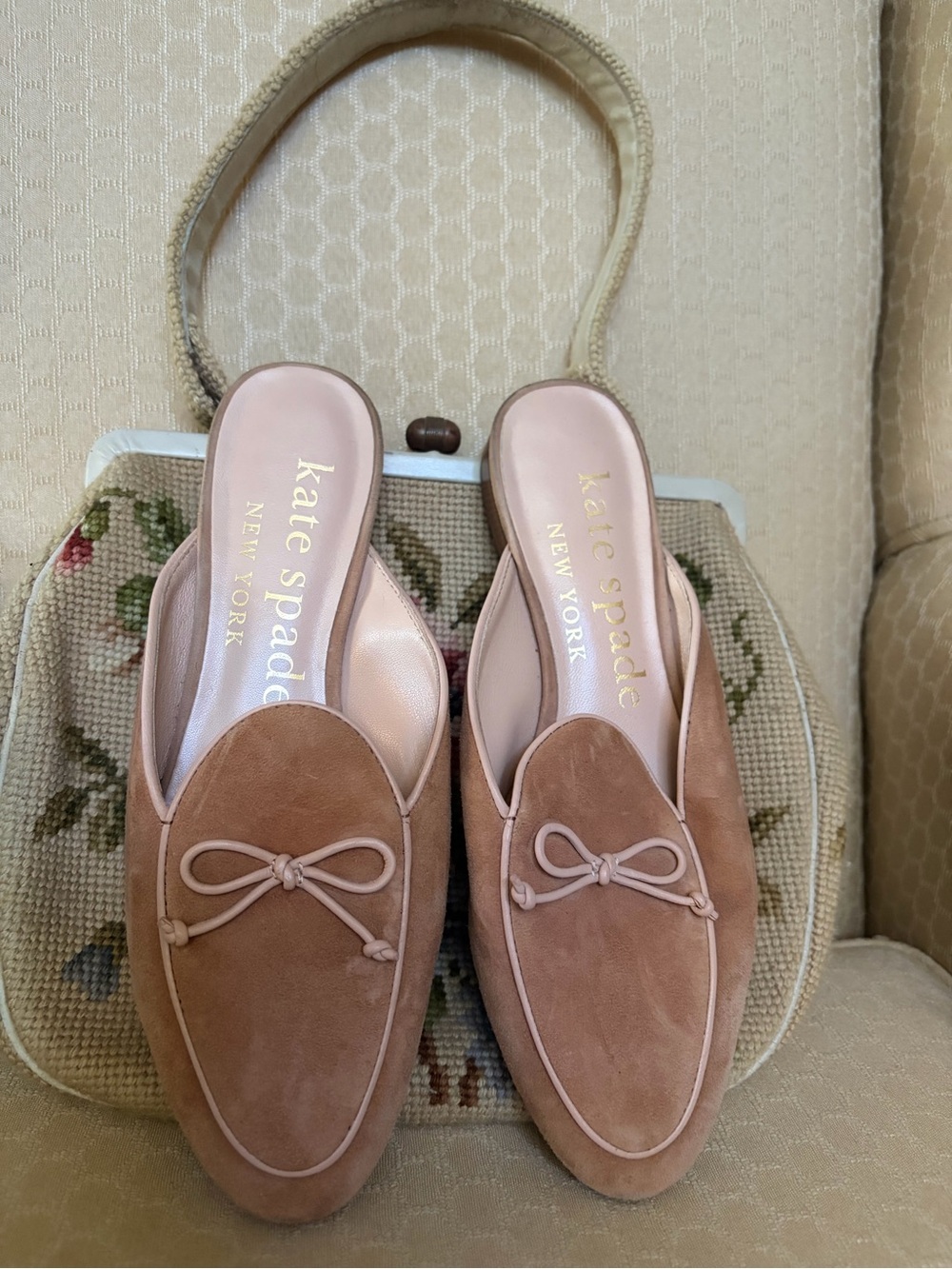 kate spade Pink and Tan Suede Bow Backless Mules